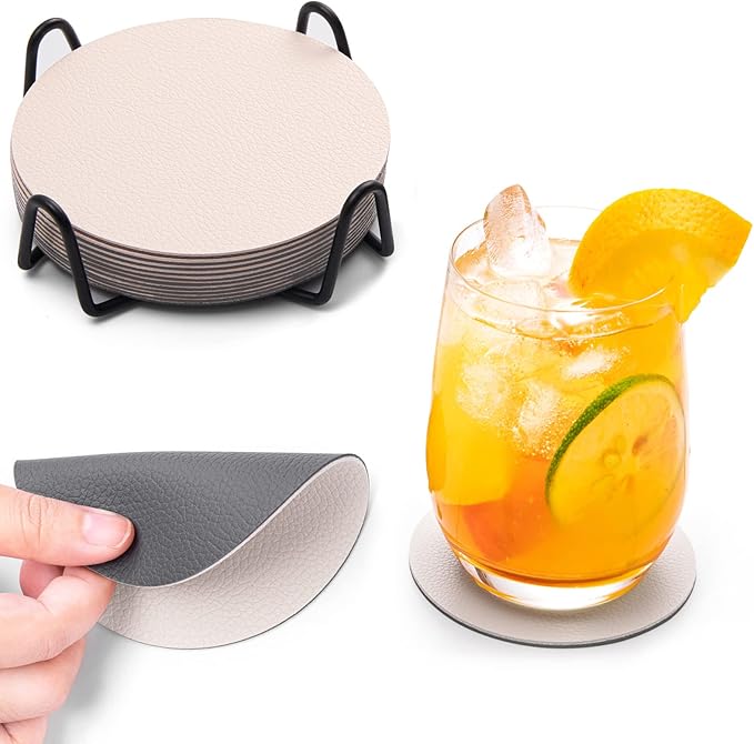Faux Leather Coasters with Holder, Dual Sided Sets of 12, Non-Slip Washable Coasters for Coffee Tabletop Protection (Gray White)