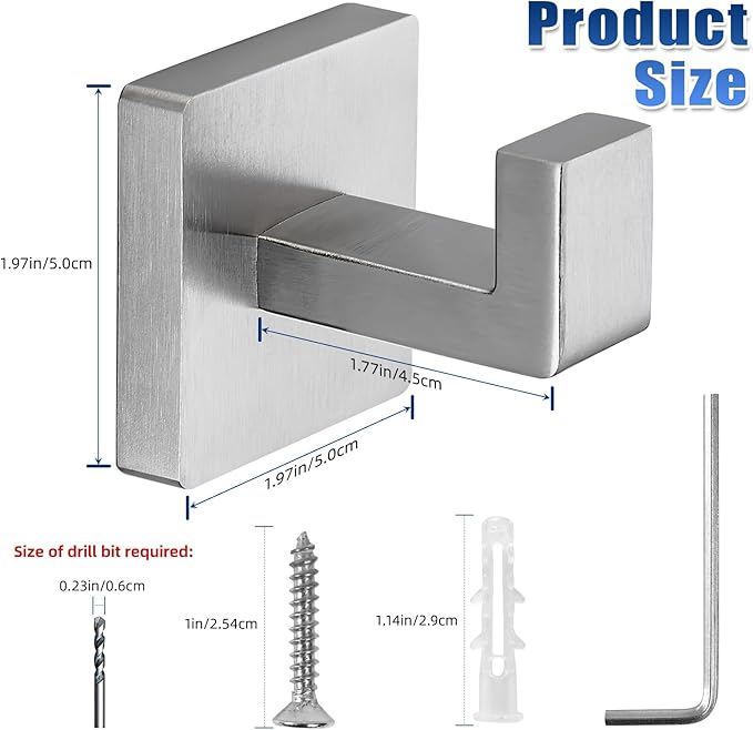 Towel Hooks for Bathrooms, Heavy Duty Wall Mounted Stainless Steel Modern Hook, 2 Pack – Ideal for Hanging Towels, Robes, Coats, in Kitchen, Bedroom, Bathroom, or Hotel (2, Brushed Nickel)