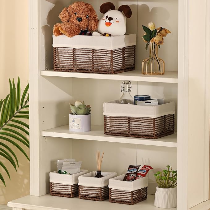 Vagusicc Wicker Storage Basket, Hand-Woven Paper Rope Woven Baskets, Rectangular Small Wicker Baskets for Organizing, Cube Storage Bins for Closet/Clothes/Dresser, Brown, 5-Pack