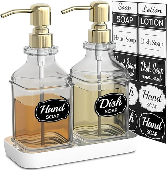 Soap Dispenser - 2 Pack, Antique Design Thick Glass Hand Soap Dispensers with Sturdy Tray; 304 Rust Proof Stainless Steel Pump, 12Pcs Stickers, for Kitchen, Bathroom