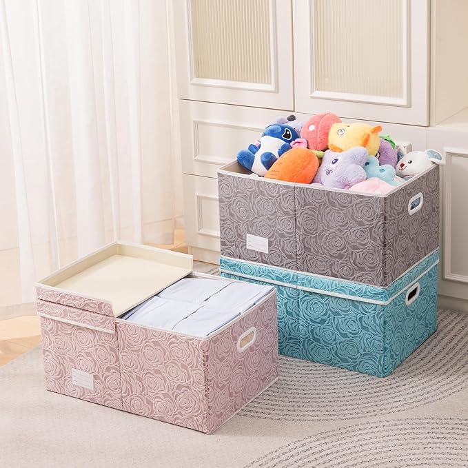 PRANDOM Jumbo Collapsible Storage Cubes with Lids Fabric Decorative Storage Bins Boxes Organizer Baskets with Cover Handles for Bedroom Closet Living Room 23.2x15.7x11.8 Inch 3 Pack