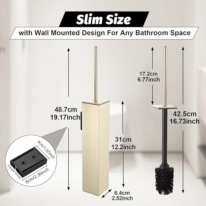 BGL Toilet Brush and Holder Set Brushed Gold Wall Mounted for Bathroom Square Design
