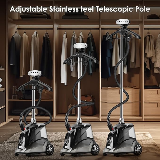 Steamer for Clothes, Jenaely 1500W Standing Garment Steamers, 35s Fast Heat-up, 80 Mins of Continuous Powerful Steam with 2.8L Water Tank, Pants Clip & Children's Clothing Hanger