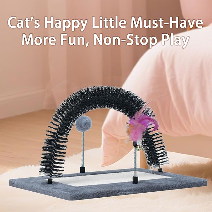 Interactive Toy with Scratching Pads for Indoor Cats,Interactive Cat Toy with Feather Toys and Self-Grooming Brush,Interactive Cat Toy for Indoor Cats,Grey (Square)