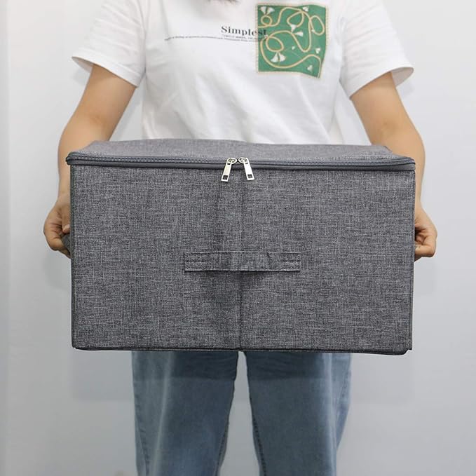 Pack of 3, 17.7 * 13.8 * 9.8" Stackable Folding Storage Baskets with Lid & Carry Handles & Memo Pocket, Good Wardrobe Separator Bins, Dark Gray