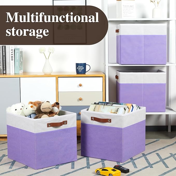 Temary Foldable Cube Baskets 4Pack - Clothes Shelf Storage with Handles, Fabric Storage Organizer Bins (White&Purple, 13x15x13 Inch)