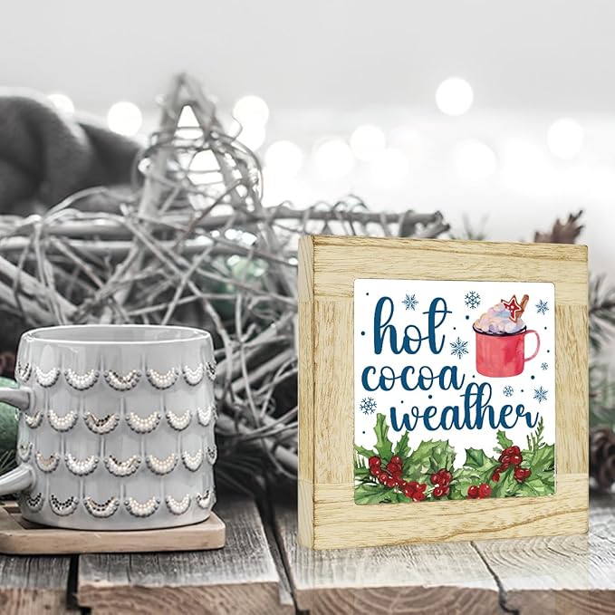 Winter Hot Cocoa Bar Sign Winter Christmas Kitchen Decor for Home Table Christmas Hot Cocoa Bar Decorations for Desk 6 x 6 inches