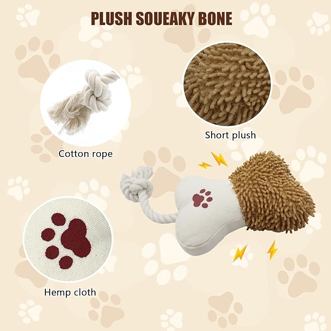 Bone Squeaky Plush Dog Toy with Rope – Durable Crinkle Chew Toy for Small and Medium Dogs, Interactive Indoor Dog Toy for Boredom and Teeth Cleaning