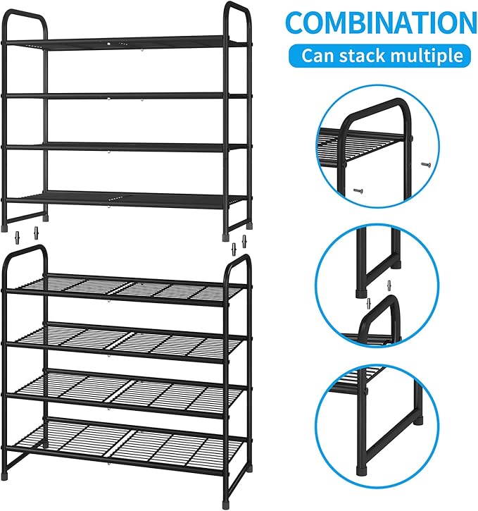 Simple Trending 4-Tier Stackable Shoe Rack, Expandable & Adjustable Shoe Organizer Storage Shelf, Wire Grid, Black