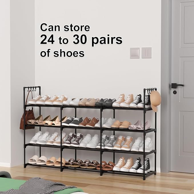 3-Row 4-Tier Shoe Rack, Black Metal Stackable Shoe Shelf with Multifunctional Hooks, Hold 24-30 Pairs, Space Saving Shoes Organizer for Closet,Show Rack