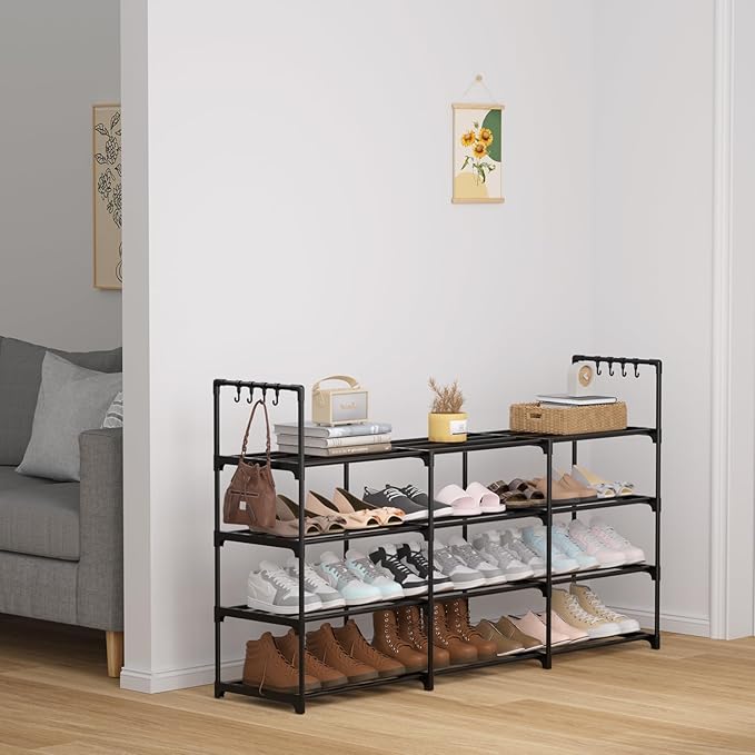 3-Row 4-Tier Shoe Rack, Black Metal Stackable Shoe Shelf with Multifunctional Hooks, Hold 24-30 Pairs, Space Saving Shoes Organizer for Closet,Show Rack