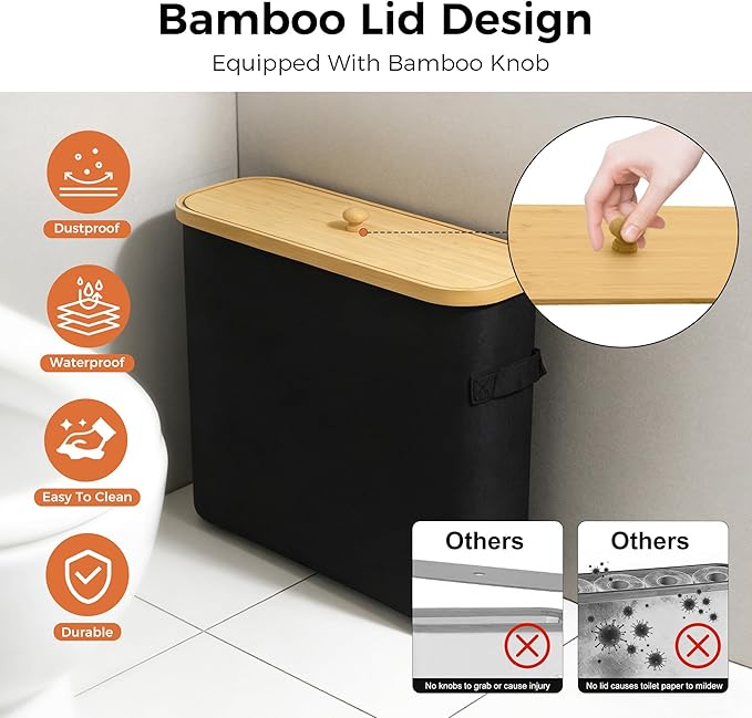 MinBoo Toilet Paper Basket, Storage with Lid, Toilet Paper Organizer for Bathroom, Free Standing Toilet Paper Holder with Storage,Black