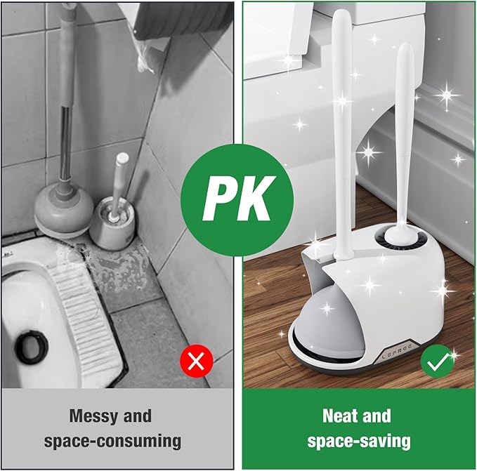 Lefree, 2 in 1 Toilet Brush and Plunger Set with Silicone Bristles, Plastic Material, Includes Holder, White/Black, for Deep Cleaning