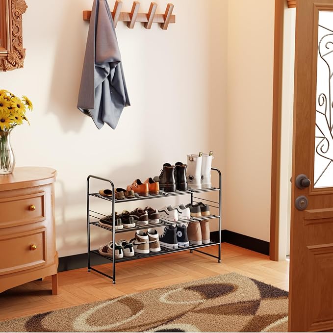 SUFAUY 3-Tier 33" Wide Shoe Rack, Closet Metal Shoe Rack Organizer Heavy Duty, Stackable, Black
