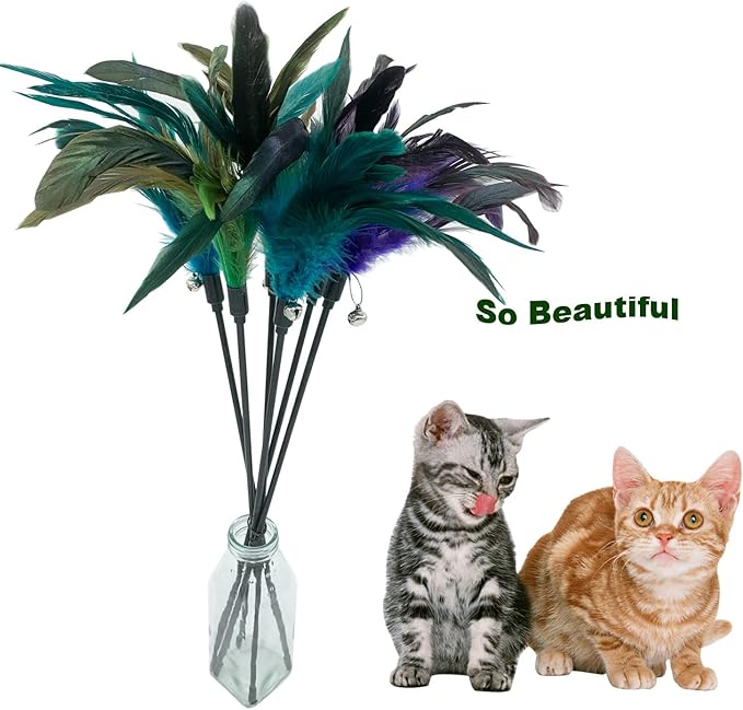 Cat Wand Toy Feather Stick Cat Toys, 8 Pieces Interactive Cat Toy Feathers Wand for Indoor Cats