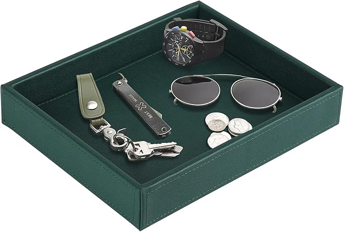 HofferRuffer Faux Leather Decorative Tray, Elegant Desktop Storage Organizer, Decorative Catchall Perfume Tray, Nightstand or Dresser Vanity Tray Organizer, 10.2 x 8.4 x 1.8 inches (Dark Green)
