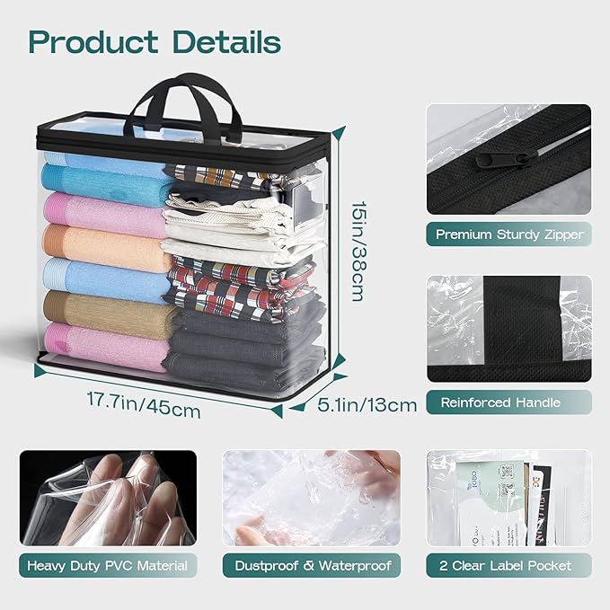 5PACK Clear Zippered Storage Bags for Clothes, 22L Closet Organizers Bag, and Blanket Storage Bags for Bedding, Linen, Blankets, Comforters, Clothing & Toys (Black)