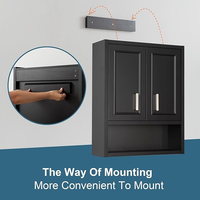 Black Wall Cabinet 23x29 inch for Bathroom Laundry Room Bedroom Kitchen Wood Medicine Cabinet, DIY Lighting, Soft-Close Hinge, 2 Door,Above Toilet Storage