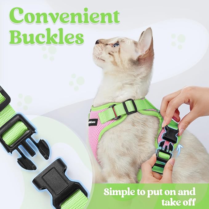 rabbitgoo Cat Harness and Leash Set, Escape Proof Soft Adjustable Vest Harnesses for Outdoor Walking, Easy Control Breathable Kitten Jacket with Reflective Strips, Pink & Light Green, M