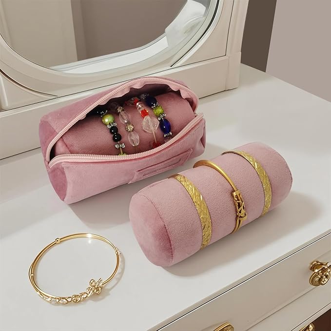 Velvet Bangle & Bracelet Organizers and Storage Small Jewelry Travel Organizer Roll, Compact Jewelry Case for Bangles, Bracelets, Watches(Pink)