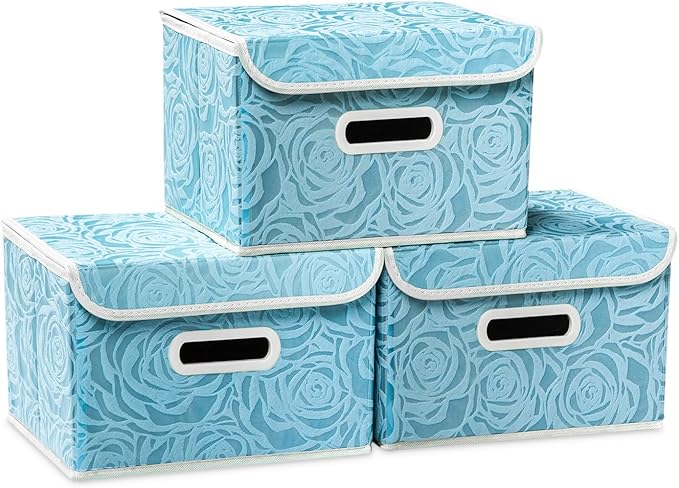 PRANDOM Collapsible Storage Boxes with Lids Fabric Decorative Storage Bins Cubes Organizer Containers Baskets with Cover Handles Divider for Bedroom Closet Living Room 9.8x7.9x6.7 Inch 3 Pack