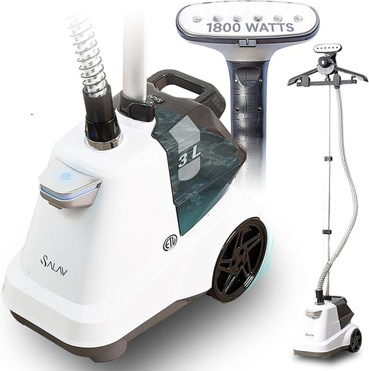 SALAV Heavy Duty Commercial Full-Size Garment Steamer with Foot Pedals and Extra Large 3L (101.5 oz) Water Tank, 1800 watts, 90+min of Continuous Steam (White)
