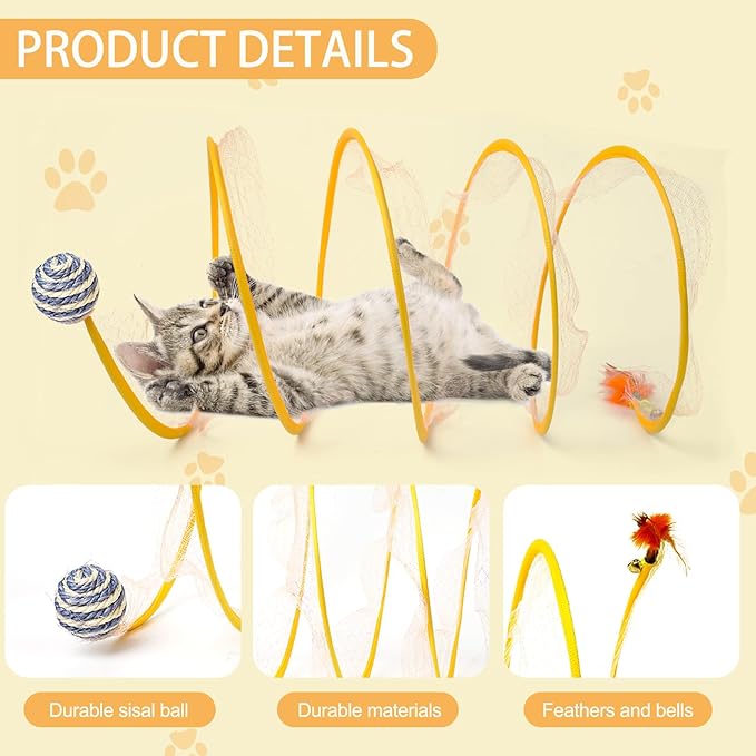 2-Pack Large Cat Tunnel Beds - Indoor & Outdoor,Kitten Collapsible Spring Tunnel Toy with Feather and Bell,Interactive Spring Toys for Cats & Kittens（Yellow）