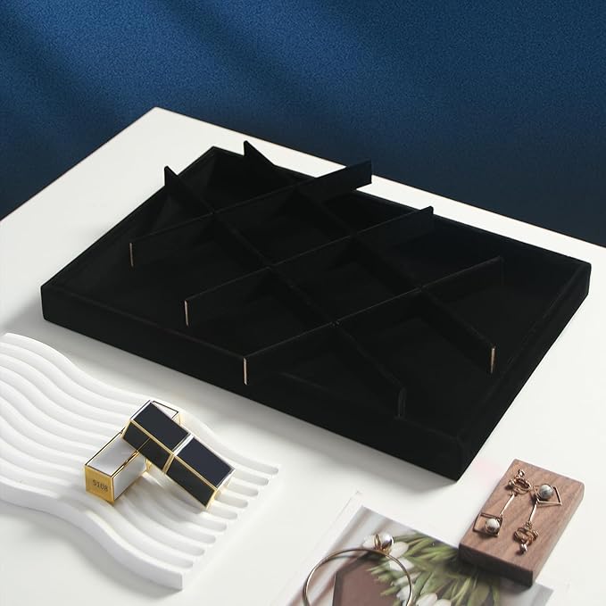 Coward 2PC Black Velvet Stackable 12 Grids Jewelry Organizer Tray Bracelet Display Stand for Selling Velvet Necklace Holder Earring Box Storage (12grid+12grid)