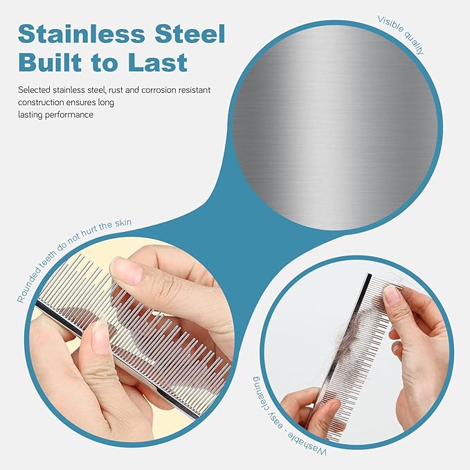 6 Inches Stainless Steel Pet Comb for Dogs & Cats, Metal Detangling Grooming Tool for Long & Short Haired Pets, Anti-Static Cat Comb with Rounded Teeth for Matted Fur Removal & Shedding Control