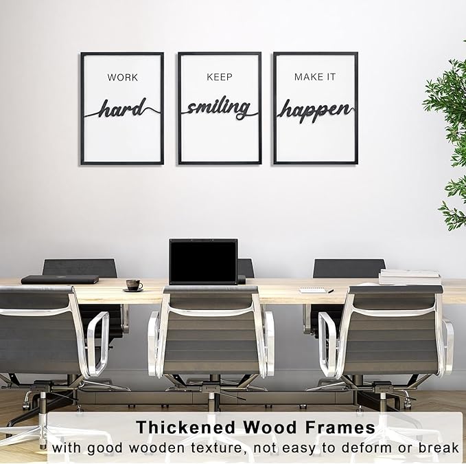 3D Wood Inspirational Office Wall Art, 36" x 16" Framed Black and White Motivational Wall Decor, Inspirational Quotes Wall Art for Home Office Bedroom (Ready to Hang, Set of 3, Framed)