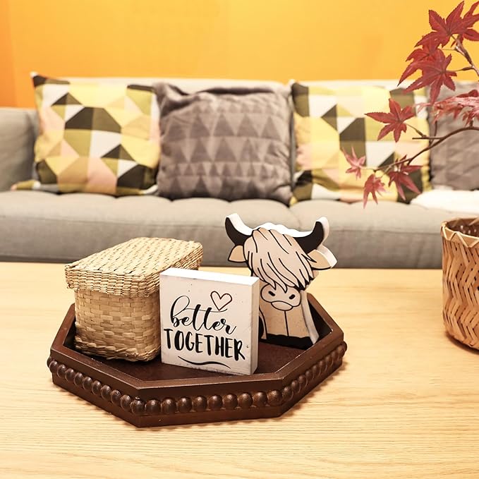 Retro Brown Octagonal Wood Decorative Tray, Small Farmhouse Wooden Serving Tray with Beads, Versatile Coffee Table Tray for Kitchen Counter, Ottoman, Living Room