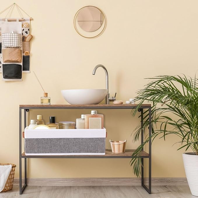 Collapsible Storage Bins 5-Pack, Foldable Baskets for Organizing, Clothes Boxes with Handles, Fabric Cubes Containers, White and Gray, 15 x 6 x 5 Inch
