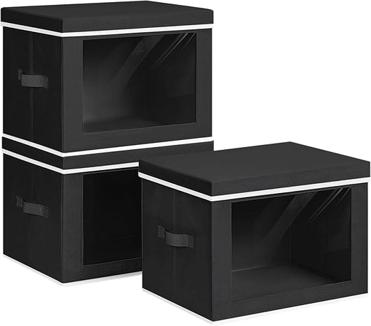 Large Storage Baskets Bins with Lids - Stackable Cube Bins for Closet, 3 Pack Black Windows Organizer Bins, Home Organizers and Storage for Clothes, CD, Towels