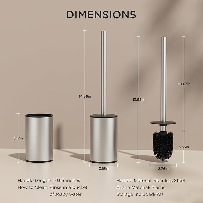 FORIOUS Toilet Brush and Holder Set, 304 Stainless Steel Heavy Duty Base and Handle for Bathroom Deep Cleaning, Toilet Bowl Cleaners Brush with Holder, Space Saving for Storage, Stainless Steel