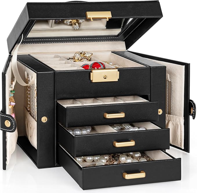 TORIBIO Jewelry Box for Women, Leather Jewelry Organizer with Mirror & Lock, 4-Tier Jewelry Storage Organizer with 3 Drawers for Girls/Women/Mothers, Necklace Earring Bracelets Holder Organizer
