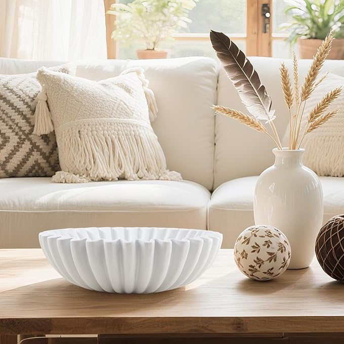 Large Modern Decorative Ruffle Bowl for Home Decor Fruit Bowl Organic Catch All Key Kitchen Entryway Shelf Coffee Table,White