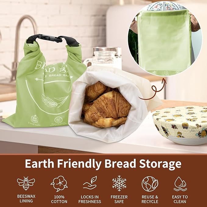 Bread Bags for Homemade with Beeswax Wrap - Zipper Reusable Bread Bag for Sourdough 2-Pack, Reusable Food Storage Bag to Keep Sourdough Fresh, Freezer-Safe, Eco-Friendly (Khai& Green)