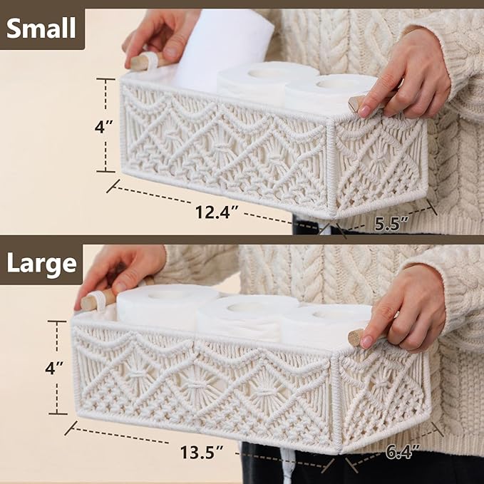 BROWNLILY Macrame Storage Baskets Boho Decor Gift Box Woven Toilet Paper Basket with Wood Handles Home Decorative Baskets for Organizing on Shelf Cabinet Countertop Livingroom - Set of 2