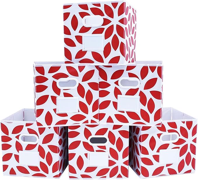 MAX Houser Fabric Storage Bins Cubes Baskets Containers with Dual Plastic Handles for Home Closet Bedroom Drawers Organizers, Foldable, Set of 6 (Red)