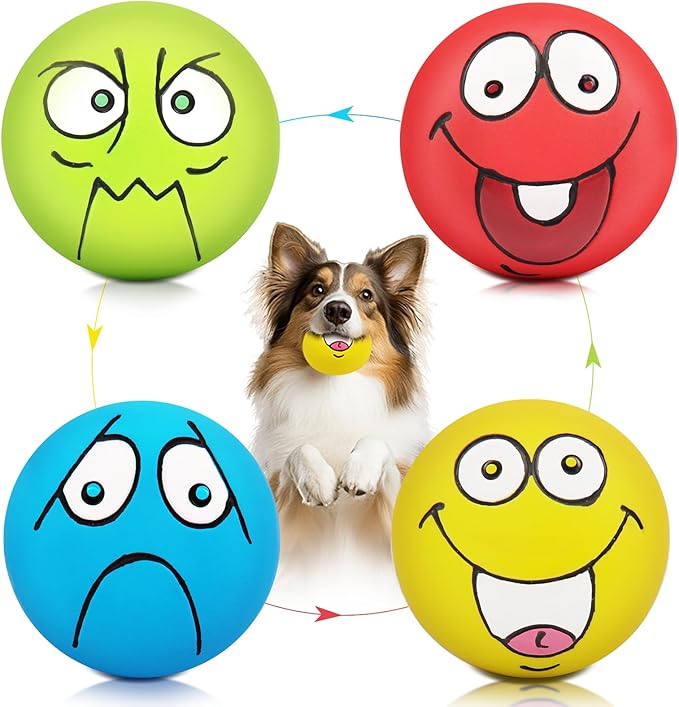 4 Pack 2.8" Smiley Face Squeaky Dog Toys Soft Dog Balls Latex Rubber Squeak Dog Toys for Small Medium Puppy Pet Dogs (Flat Ball)