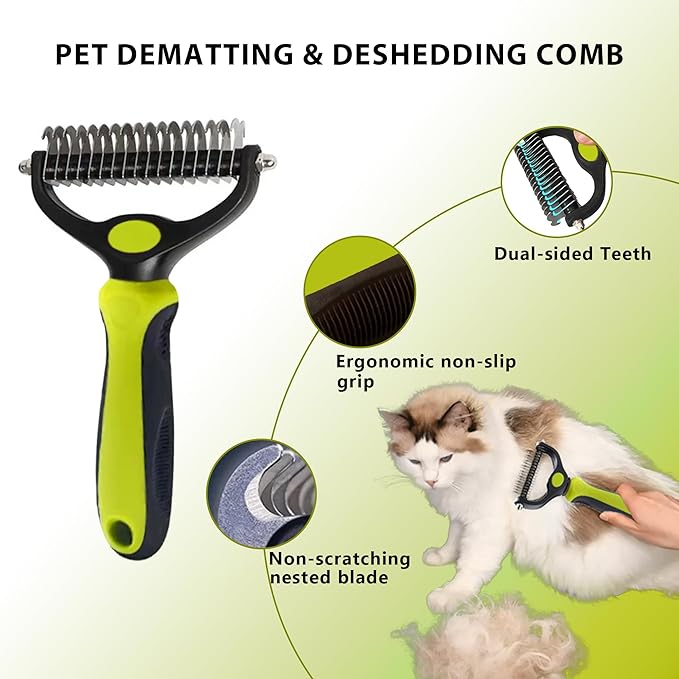 Cat Grooming Brush Kit 6 Tools - Deshedding & Dematting for Long/Short Hair, Self-Cleaning Slicker Brush with 6-in-1 Flea Comb for Cats & Kittens (Green)