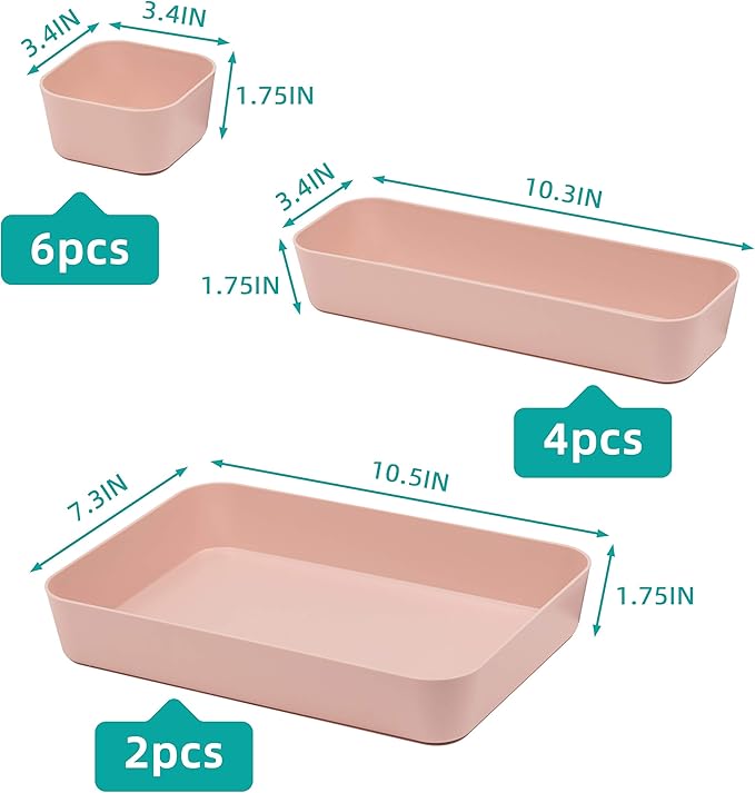 Backerysupply Set Of 12 Pink Color Plastic Desk Drawer Organizers For Makeup Bathroom Office Kitchen Vanity Drawer Storage Box Container