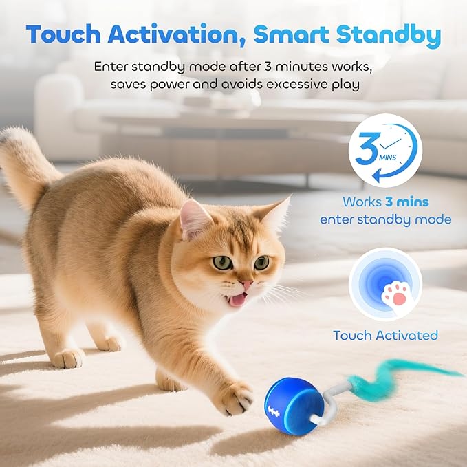 Automatic Interactive Cat Toy Ball for Indoor Cats, Carpet-Safe with Tangle-Free Tail, 3-Mode Touch Activated, Gen 3 High-Capacity 800mAh Battery (6-8H Play), Includes 2 Tails