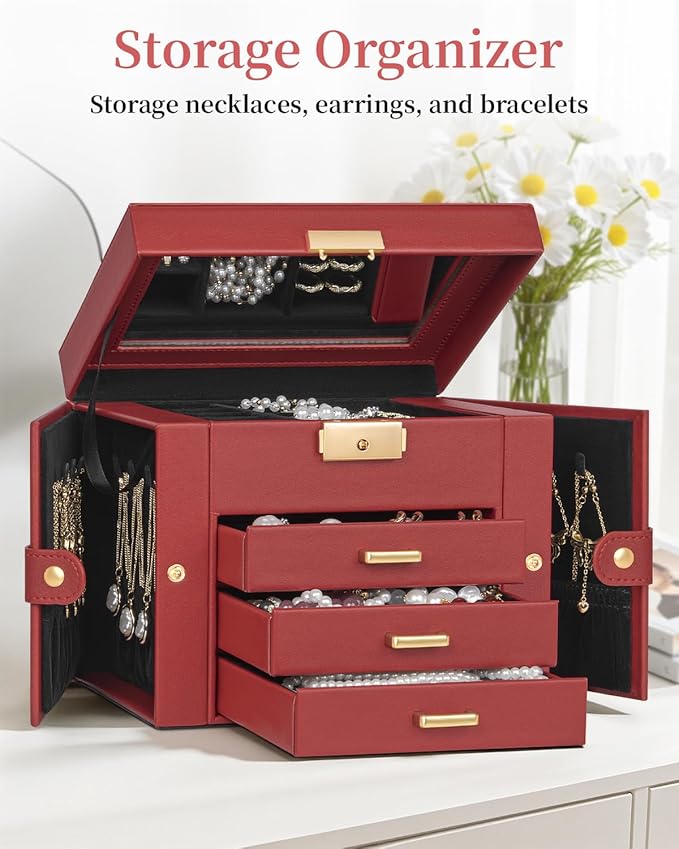 TORIBIO Jewelry Box for Women, Leather Jewelry Organizer with Mirror & Lock, 4-Tier Jewelry Storage Organizer with 3 Drawers for Girls/Women/Mothers, Necklace Earring Bracelets Holder Organizer