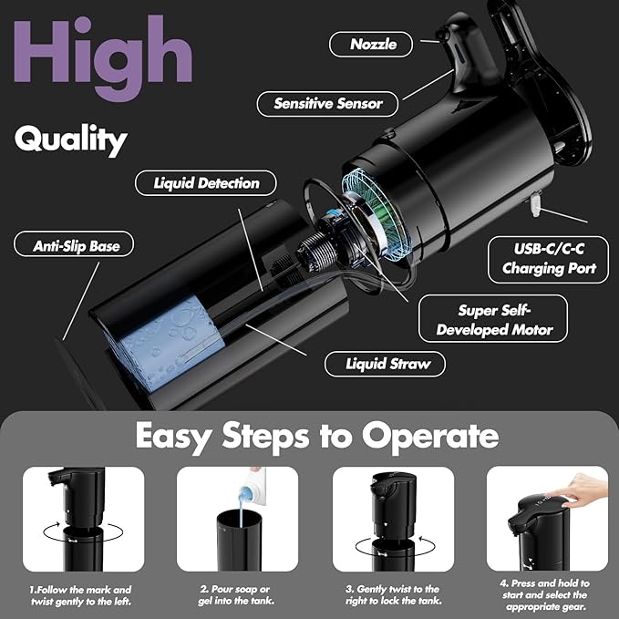 YIKHOM Automatic Liquid Soap Dispenser, Dish Soap Dispenser 8 Volume Control Adjustable, 15.37 oz/450mL Touchless Sanitizer Dispenser, Motion Sensor Soap Pump for Kitchen Bathroom, USB C Rechargeable