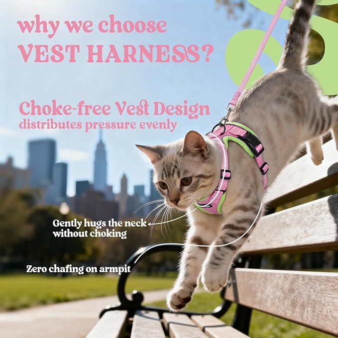 rabbitgoo Cat Harness and Leash for Walking, Escape Proof Soft Adjustable Vest Harnesses for Cats, Easy Control Breathable Reflective Strips Jacket, Pink&Light Green, M
