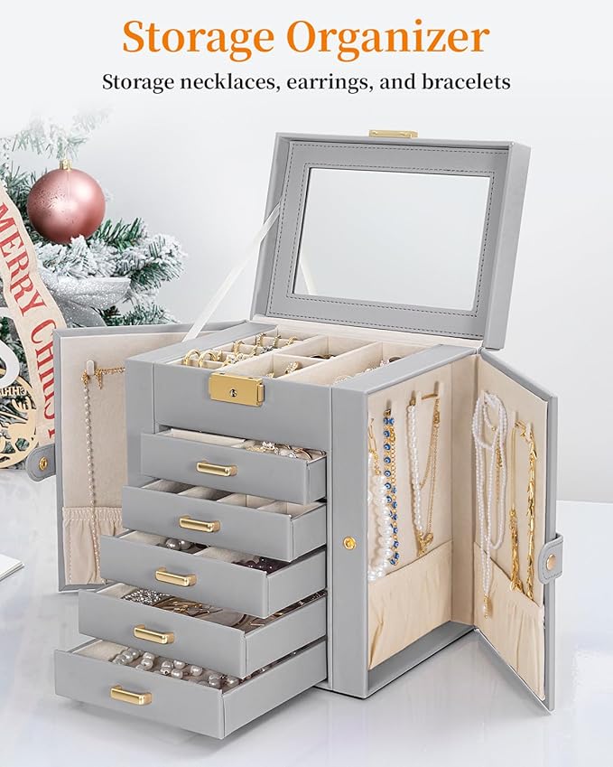 TORIBIO Large Jewelry Box for Women, Leather Jewelry Organizer with Mirror & Lock, 6-Tier Jewelry Storage Case for Girls/Women/Mothers, Necklace Earring Bracelets Holder Organizer
