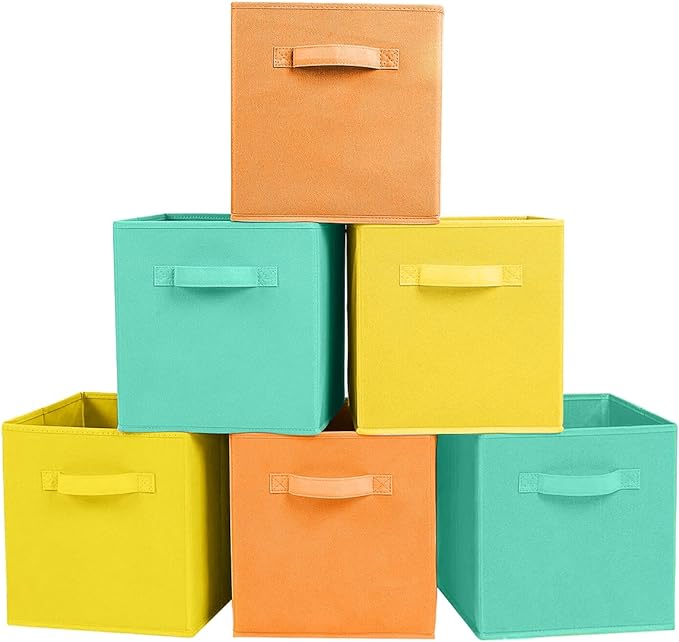 ShellKingdom Storage Bins, Foldable Fabric Storage Cubes and Cloth Storage Organizer Drawer for Closet and Toys Storage, 6 Pack (Mint Green+Orange+Yellow)