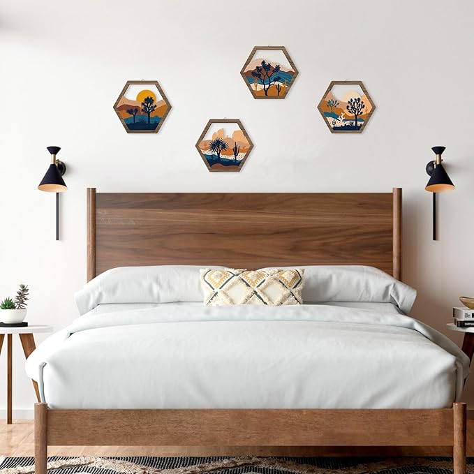 HPNIUB 4 Pcs Boho Mountains Scenery Wall Art Decor, Farmhouse Abstract Sunrise Trees Desert Cactus Hanging Wood Sign for Living Room, Aesthetic Bohemian Botanical Wooden Plaque for Apartment Bedroom(11''x9.8'')