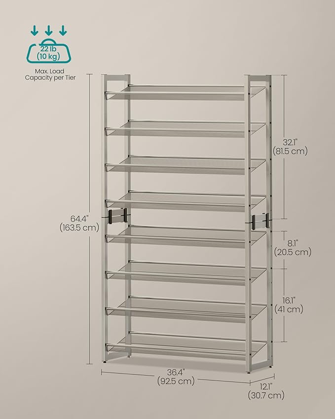 SONGMICS Shoe Rack, 8-Tier Shoe Organizer, Metal Rack for Garage, Set of 2, 4-Tier Stackable Shelf, with Adjustable Flat or Angled Shelves, 32-40 Pairs, Cappuccino Beige ULMR008L01